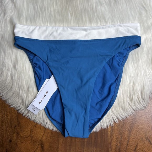 PilyQ Women's Size Large‎ Island Blue White High Waisted Bikini Bottom Swimwear - Picture 1 of 8